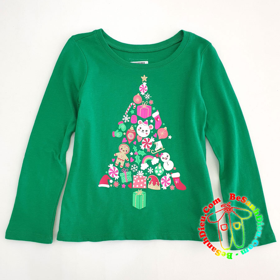 Áo Noel tay dài bé gái nhỏ vải thun cotton hàng VNXK từ 14kg đến 16kg màu xanh cây thông