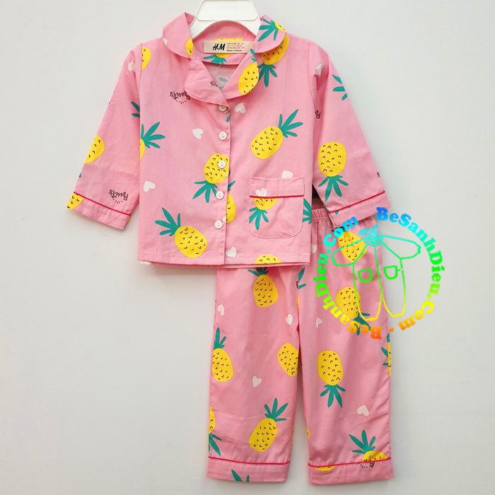 Đồ bộ pyjama vải cotton mềm cho bé gái từ 7kg đến 11kg màu hồng quả dứa