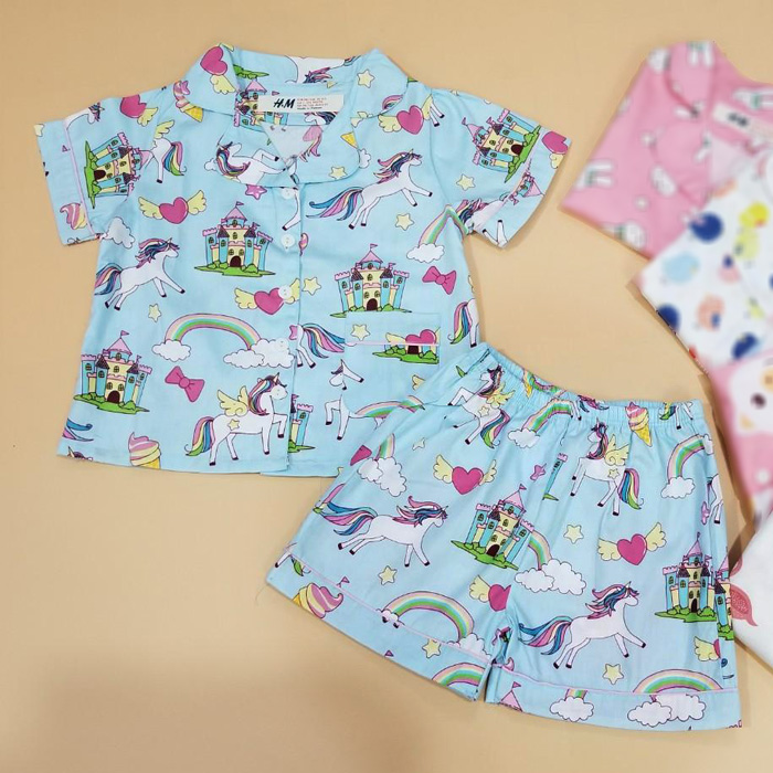 Đồ bộ pyjama vải cotton mềm mịn cho bé gái từ 8kg đến 17kg màu xanh kỳ lân