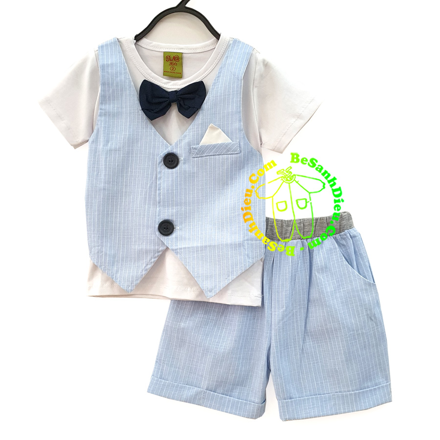 [9kg-26kg] Bộ Vest Ghi-lê cho bé trai vải kaki phối thun hàng VN màu xanh trời