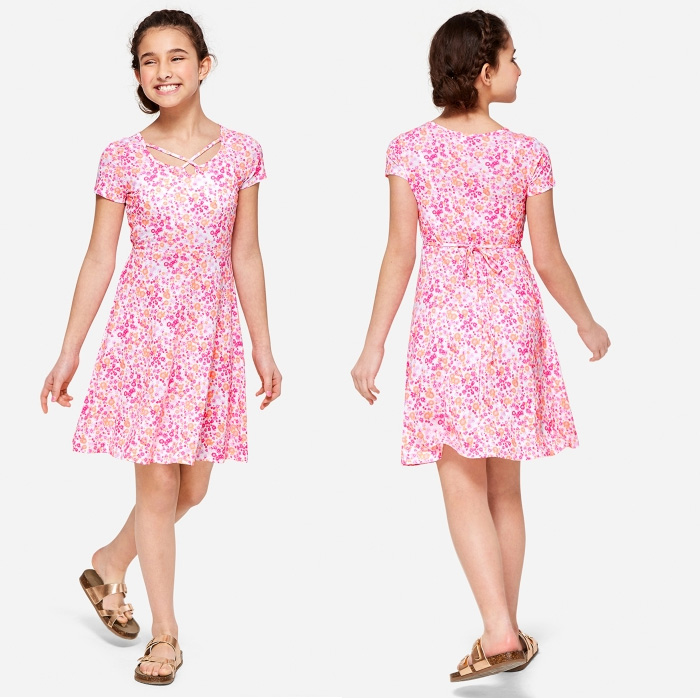 Đầm thun cực xinh cho bé hiệu Justice hàng xuất xịn từ 24kg đến 28kg in hoa nhí màu cam-hồng